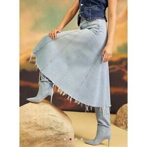 NWT Mother Superior Denim Midi Jean Skirt A-Line Full Swing Fray Hem Size 27